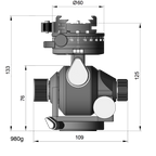 Illustration of ARCA-SWISS D4 gp geared tripod head with flipLock® quick release, with specifications for height, width, and weight. Featuring geared panning. From ARCA-SWISS USA.  SKU: 870114
