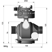 Arca-Swiss D4 gp geared tripod head with flipLock quick release, illustration with specifications for height, width, and weight, geared panning model 870114