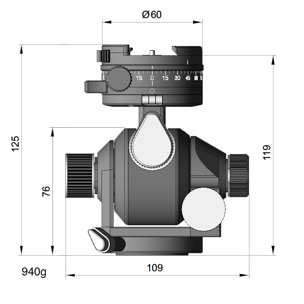 Arca-Swiss D4 gp geared tripod head with monoballFix quick release, illustration with specifications for height, width, and weight, geared panning model 870115