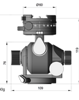 Illustration of ARCA-SWISS D4 gp geared tripod head with monoballFix quick release, with specifications for height, width, and weight. Featuring geared panning. From ARCA-SWISS USA.  SKU: 870115