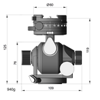 Illustration of ARCA-SWISS D4 gp geared tripod head with monoball®Fix quick release, with specifications for height, width, and weight. Featuring geared panning. From ARCA-SWISS USA.  SKU: 870115