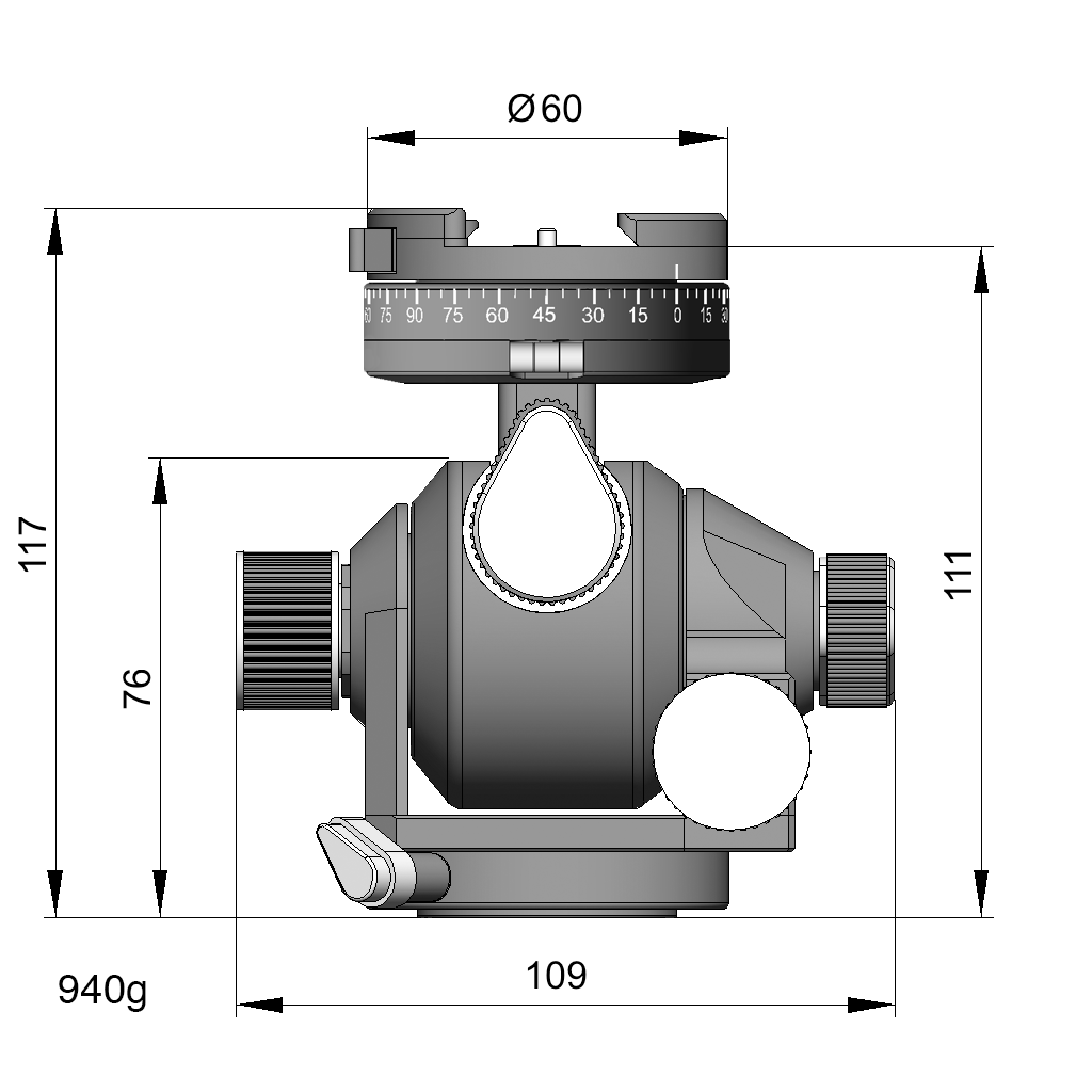 Arca-Swiss D4 geared tripod head with monoballFix quick release, illustration with specifications for height, width, and weight, model 870105