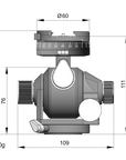 Illustration of ARCA-SWISS D4 geared tripod head with monoballFix quick release, with specifications for height, width, and weight. Featuring manual and geared movements, and dual panning mechanisms. From ARCA-SWISS USA.  SKU: 870105