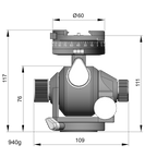 Illustration of ARCA-SWISS D4 geared tripod head with monoball®Fix quick release, with specifications for height, width, and weight. Featuring manual and geared movements, and dual panning mechanisms. From ARCA-SWISS USA.  SKU: 870105