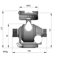 Arca-Swiss D4 geared tripod head with monoballFix quick release, illustration with specifications for height, width, and weight, model 870105