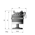Illustration of ARCA-SWISS monoball® p0 flipLock® tripod head with front view, featuring patented aspherical ball, three locking elements, textured locking ring, 90° tilt and 360° top panning. From ARCA-SWISS USA.  SKU: 801215