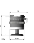 Illustration of ARCA-SWISS monoball p0+ monoballFix tripod head with front view, featuring + friction control, patented aspherical ball, three locking elements, textured locking ring, 90° tilt and 360° top panning. SKU: 801217