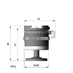 Illustration of ARCA-SWISS monoball® p0+ monoball®Fix tripod head with front view, featuring + friction control, patented aspherical ball, three locking elements, textured locking ring, 90° tilt and 360° top panning. From ARCA-SWISS USA.  SKU: 801217