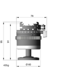 Illustration of ARCA-SWISS monoball p0+ flipLock with front view, featuring + friction control, patented aspherical ball, three locking elements, textured locking ring, 90° tilt and 360° top panning. SKU: 801219