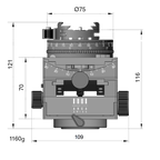 Illustration of ARCA-SWISS C1 Cube cp geared tripod head with flipLock® quick release dimensions, with specifications for height, width, and weight. Featuring gear-driven, self-locking micro-metric controls. From ARCA-SWISS USA. SKU: 8501500.1