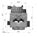 Illustration of ARCA-SWISS C1 Cube cp geared tripod head with Classic quick release dimensions, with specifications for height, width, and weight. Featuring gear-driven, self-locking micro-metric controls. From ARCA-SWISS USA. SKU: 8501503.1