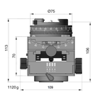 Illustration of ARCA-SWISS C1 Cube cp geared tripod head with monoballFix® quick release, with specifications for height, width, and weight. Featuring gear-driven, self-locking micro-metric controls. From ARCA-SWISS USA. SKU: 8501505.1