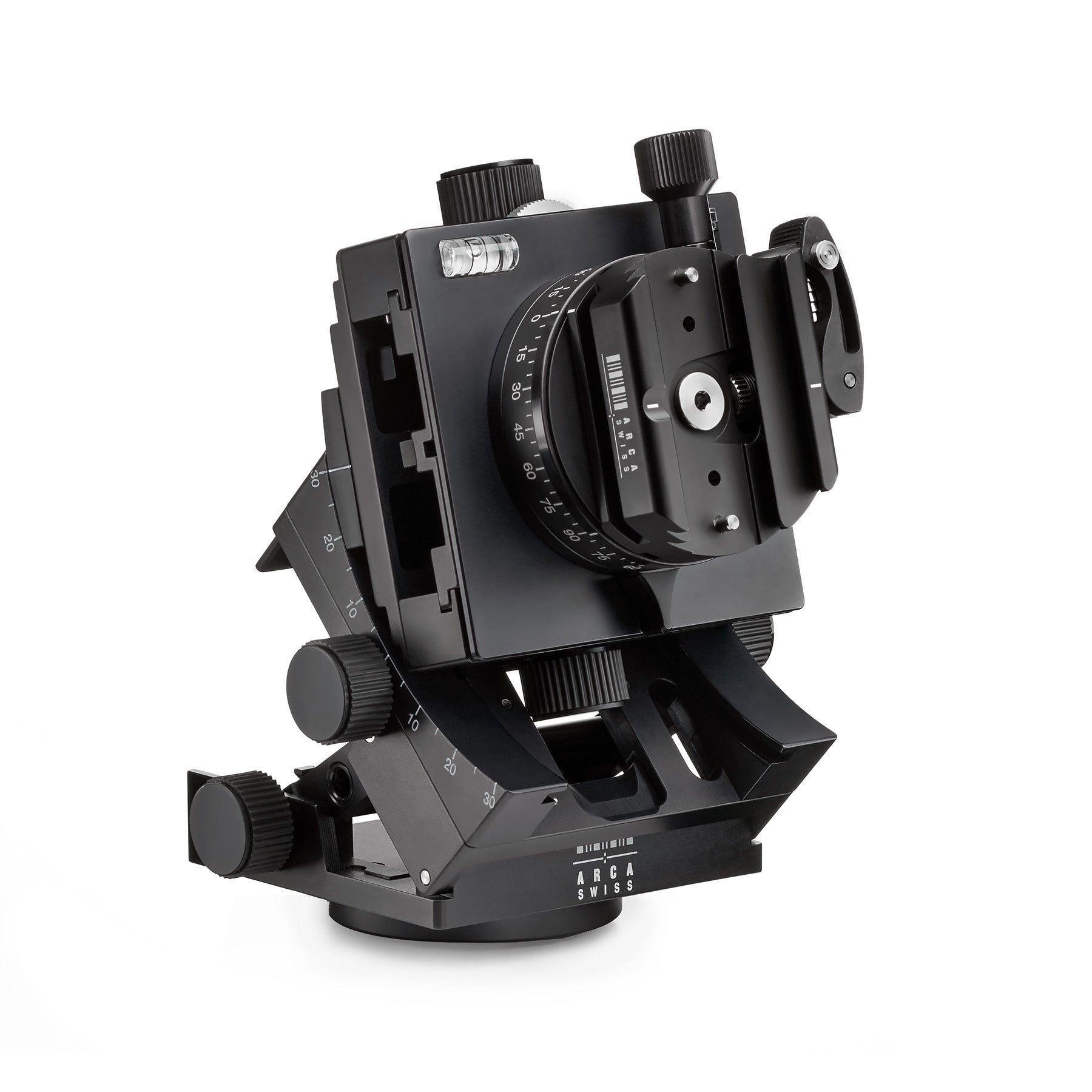 Arca-Swiss C1 Cube gp tripod head with flipLock quick release, 3/4 front view photograph with the head open and with 30 degrees of tilt, for the geared panning model 8501300.1