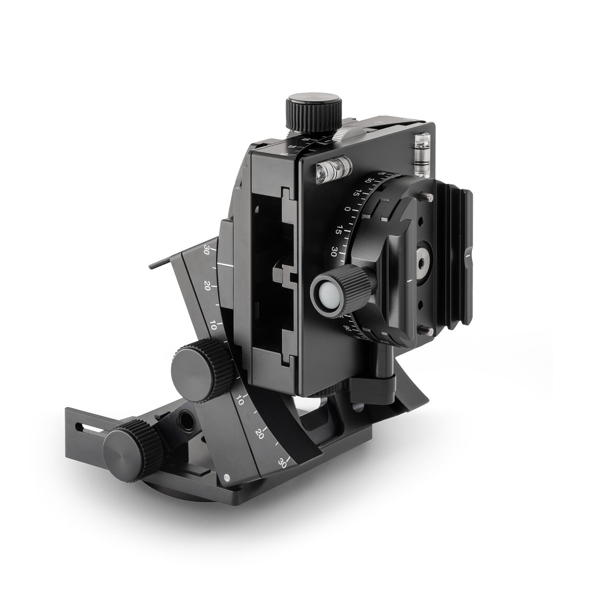 Arca-Swiss C1 Cube geared tripod head with Classic quick release, opened to the 90 degree vertical orientation position, 3/4 view, model 8501003.1