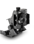 Photo of ARCA-SWISS C1 Cube geared tripod head with Classic quick release, opened to the 90 degree vertical orientation position, quartering view. Featuring gear-driven, self-locking micro-metric controls. From ARCA-SWISS USA.  SKU: 8501003.1  