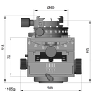 Illustration of ARCA-SWISS C1 Cube geared tripod head with Classic quick release dimensions, with specifications for height, width, and weight. Featuring gear-driven, self-locking micro-metric controls. From ARCA-SWISS USA.  SKU: 8501303.1