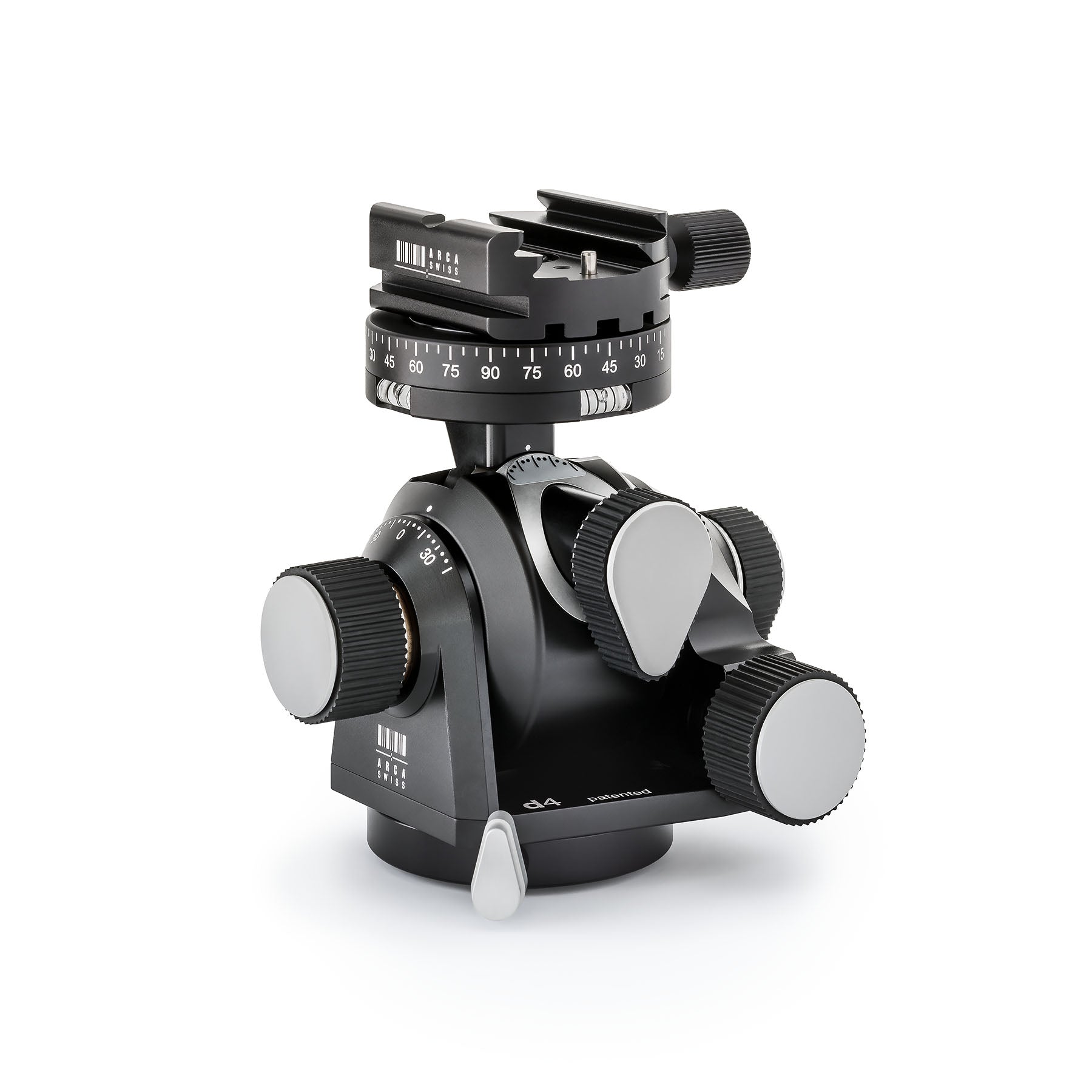 Arca-Swiss D4 geared tripod head with Classic quick release, 3/4 front view photograph, model 870103
