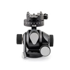 Photo of ARCA-SWISS D4 geared tripod head with flipLock® quick release, front view, featuring manual and geared movements, and dual panning mechanisms. From ARCA-SWISS USA.  SKU: 870104