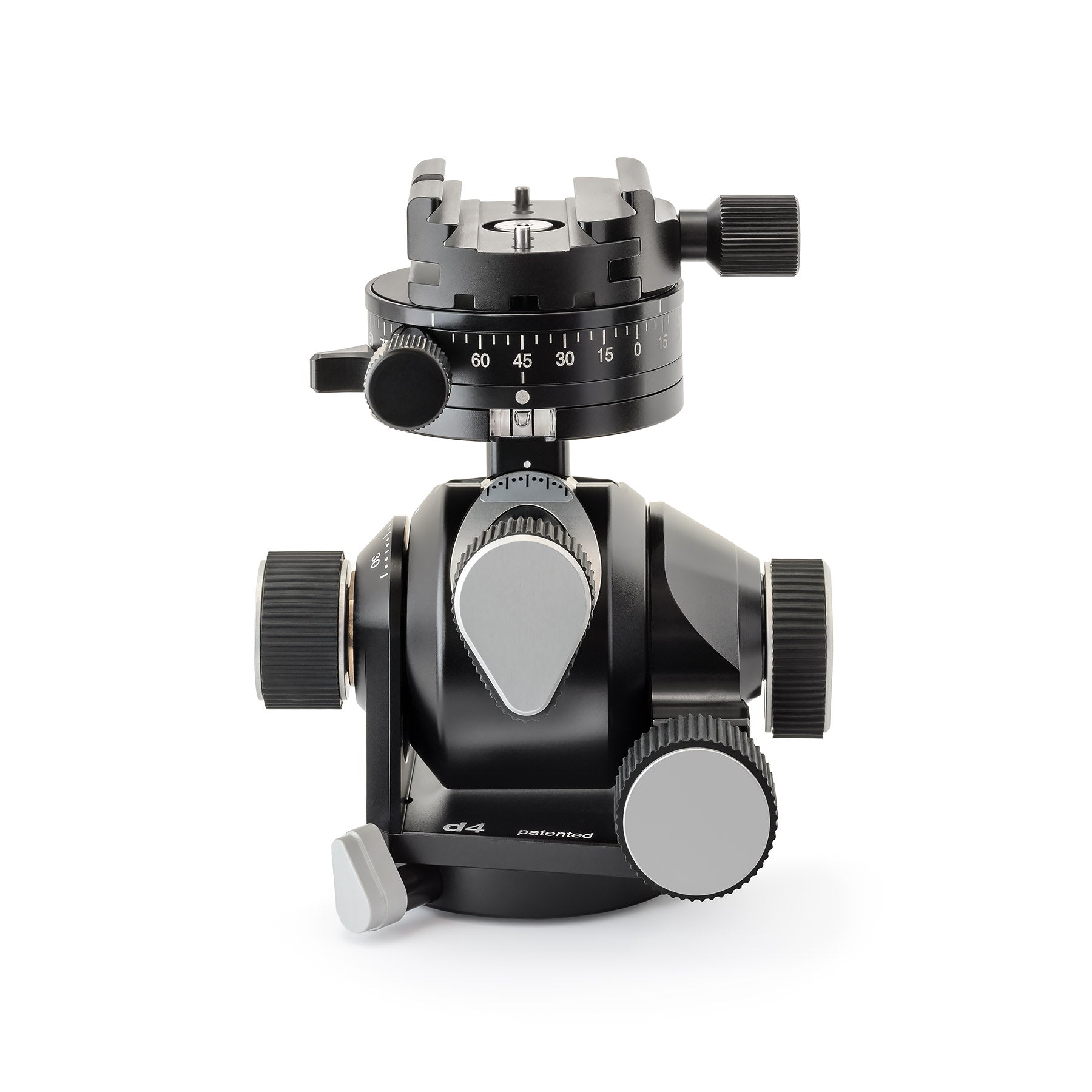 Arca-Swiss D4 gp geared tripod head with Classic quick release, front view photograph, geared panning model 870113