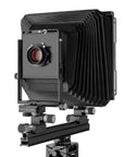 Photo of ARCA-SWISS F-Metric 8x10 View Camera with quartering view, featuring telescopic optical bench, base tilt and Micro-Orbix tilt. SKU: 013181