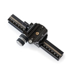 Photo of ARCA-SWISS Macro-Table geared macro focusing rail, overhead view. Versatile and portable. Made with ARCA-SWISS modular view camera components. Micro-metric, self locking, gear-driven movements. Inner friction control ring. Quick release can be manually rotated 90°. Also useful as a nodal rail for improved panoramic interval capture. From ARCA-SWISS USA.  SKU:  802336
