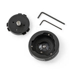 Photo of ARCA-SWISS QuickLink System tripod head set, receiver base with 3/8” socket and tripod head disk with 3/8” screw. From ARCA-SWISS USA.  SKU:  802320