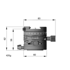 Illustration of ARCA-SWISS Core 60 Leveler geared tripod head monoball®Fix with front view, featuring base and top panning and micro-metric movements of +/- 10° in the X/Y axes. From ARCA-SWISS USA. SKU 860101