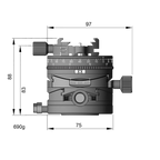 Illustration of ARCA-SWISS Core 75 Leveler clicPan® tripod head Classic with front view, featuring a panoramic interval rotator, base and top panning, and micro-metric movements of +/- 15° in the X/Y axes. From ARCA-SWISS USA. SKU: 860152
