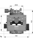 Illustration of ARCA-SWISS C1 Cube geared tripod head with Classic quick release, with specifications for height, width, and weight. Featuring gear-driven, self-locking micro-metric controls. From ARCA-SWISS USA.  SKU: 8501003.1  