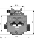 Illustration of ARCA-SWISS C1 Cube geared tripod head, with flipLock quick release with specifications for height, width, and weight. Featuring gear-driven, self-locking micro-metric controls. From ARCA-SWISS USA.  SKU: 8501000.1  