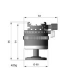 Illustration of ARCA-SWISS monoball® p0 Classic tripod head with front view, featuring patented aspherical ball, three locking elements, textured locking ring, 90° tilt and 360° top panning.  From ARCA-SWISS USA.  SKU: 801214