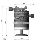 Illustration of ARCA-SWISS monoball p0+ Hybrid Classic tripod head with front view, featuring an inverted monoball® design, micrometric geared controls, a friction + control lock and top panning with detents at 90° intervals. From ARCA-SWISS USA.  SKU: 801228