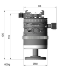 Illustration of ARCA-SWISS monoball p0+ Hybrid flipLock® tripod head with front view, featuring an inverted monoball® design, micrometric geared controls, a friction + control lock and top panning with detents at 90° intervals. From ARCA-SWISS USA.  SKU: 801229