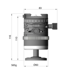 Illustration of ARCA-SWISS monoball p0+ Hybrid monoball®Fix tripod head with front view, featuring an inverted monoball® design, micrometric geared controls, a friction + control lock and top panning with detents at 90° intervals. From ARCA-SWISS USA.  SKU: 801227