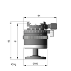 Illustration of ARCA-SWISS monoball® p0+ Classic tripod head with front view, featuring + friction control, patented aspherical ball, three locking elements, textured locking ring, 90° tilt and 360° top panning. From ARCA-SWISS USA.  SKU: 801218