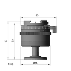Illustration of ARCA-SWISS monoball® p1+ monoball®Fix tripod head with side view, featuring a larger aspheric ball, inverted monoball® design, friction + control lock and top panning. From ARCA-SWISS USA.  SKU: 801206