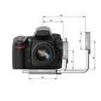 ARCA-SWISS L-Bracket Classic Universal. Facilitates quick change in orientation while keeping the camera centered over the tripod head. Two sliding plates - one long camera base plate and one short vertical arm plate, both with quick release locking levers. Universal design for use with Canon, Nikon and Fuji GFX 505 cameras. Anti-twist pin with pinhole registration positions. From ARCA-SWISS USA.  SKU:  802306