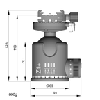 Illustration of ARCA-SWISS monoball® Z1+ dp Classic tripod head with front view, featuring an aspherical ball design, axial clamping, progressive motion and gravity friction control. From ARCA-SWISS USA.  SKU: 801113