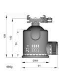 Illustration of ARCA-SWISS monoball® Z1+ sp flipLock® tripod head with front view, featuring an aspherical ball design, axial clamping, progressive motion and gravity friction control.  From ARCA-SWISS USA.  SKU: 801104