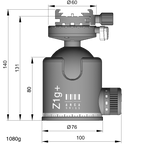 Illustration of ARCA-SWISS monoball® Z1g+ dp Classic tripod head with front view, featuring an aspherical ball design, axial clamping, progressive motion and gravity friction control. From ARCA-SWISS USA.  SKU: 801123