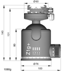 Illustration of ARCA-SWISS monoball® Z1g+ dp flipLock® tripod head with front view, featuring an aspherical ball design, axial clamping, progressive motion and gravity friction control. From ARCA-SWISS USA.  SKU: 801124