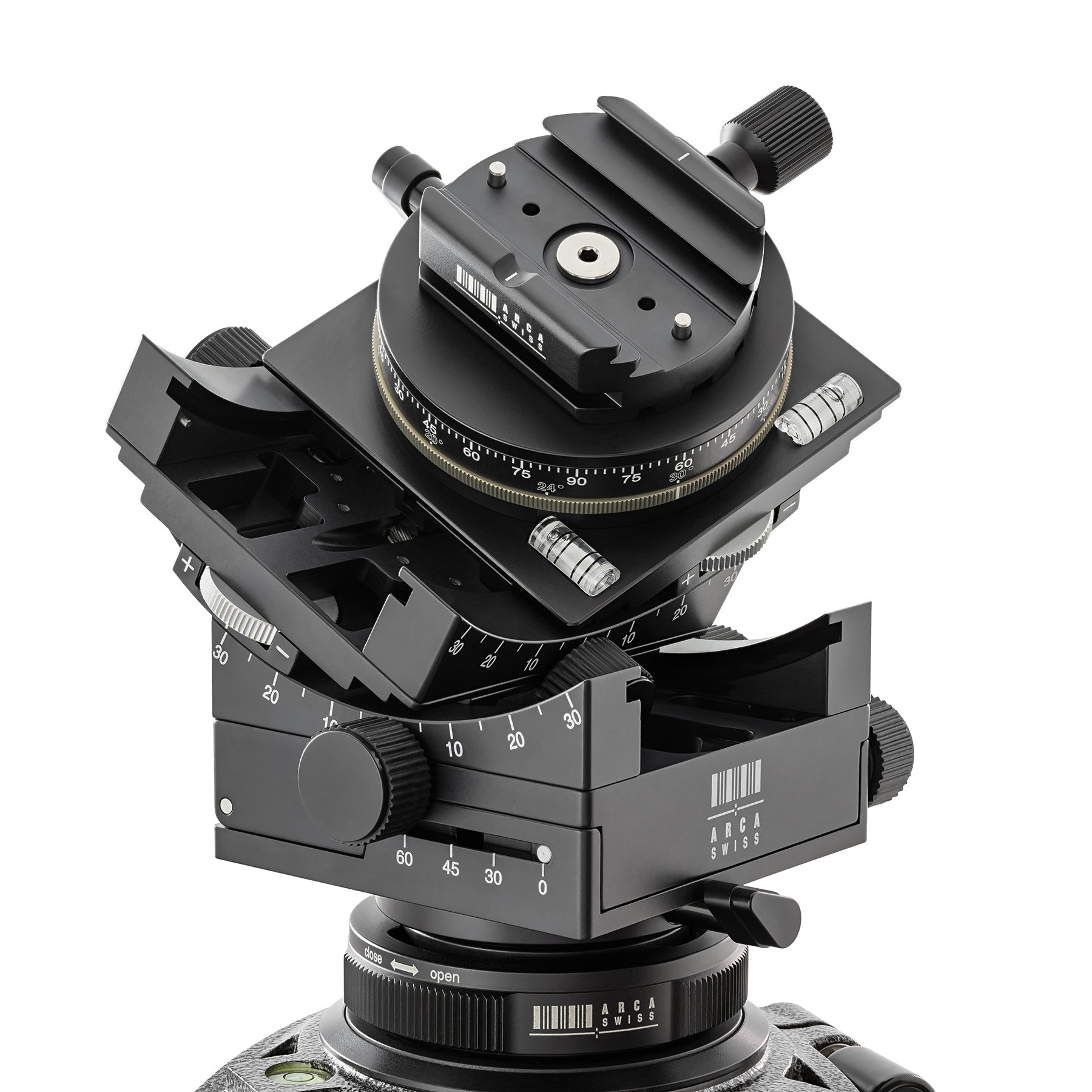 Arca-Swiss C1 Cube cp geared tripod head with Classic quick release, showing C1 Cube cp mounted on a tripod, 3/4 front view photograph, clicPan model 8501503.1